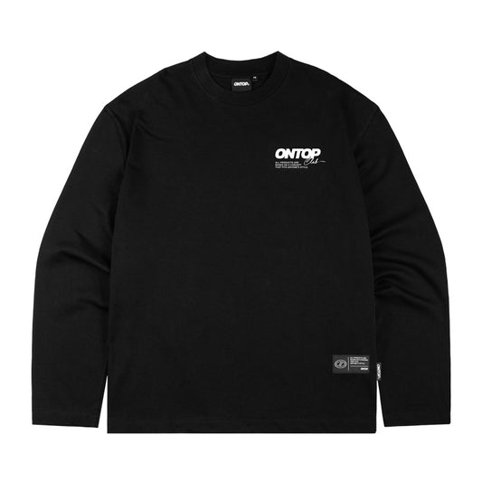 Black long-sleeve shirt with white branding on a white background