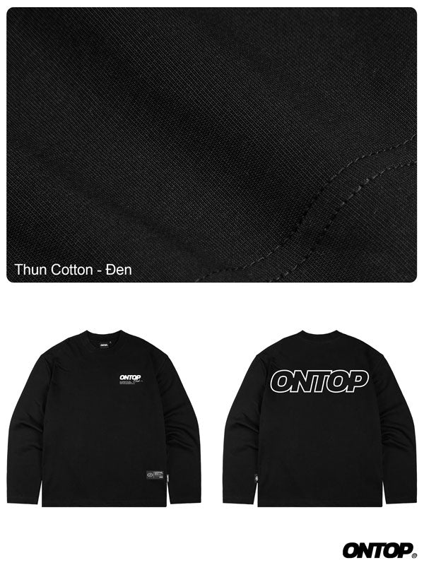 Black long-sleeve shirt with 'ONTOP' branding on fabric swatch and shirt display.