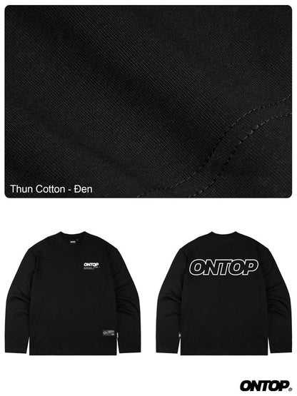 Black long-sleeve shirt with 'ONTOP' branding on fabric swatch and shirt display.