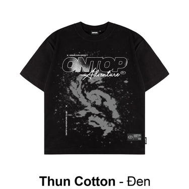 Black t-shirt with graphic design and text on a white background