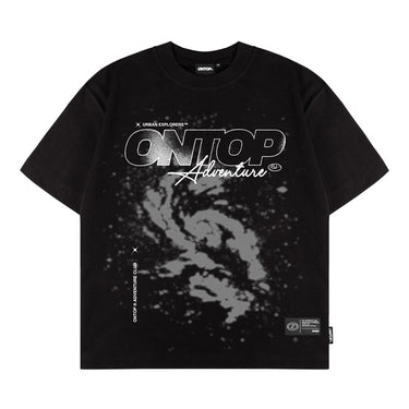Black t-shirt with 'ON TOP Adventure' graphic design on a white background