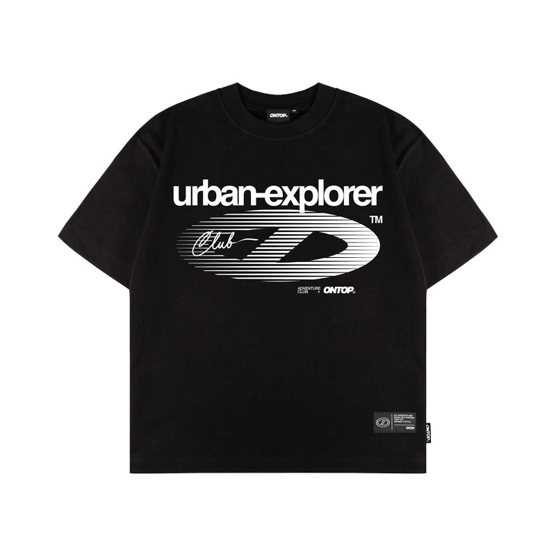 Black t-shirt with 'urban-explorer' text and logo on a white background