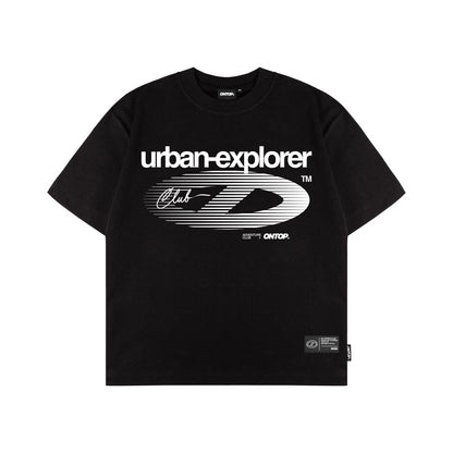 Black t-shirt with 'urban-explorer' text and logo on a white background