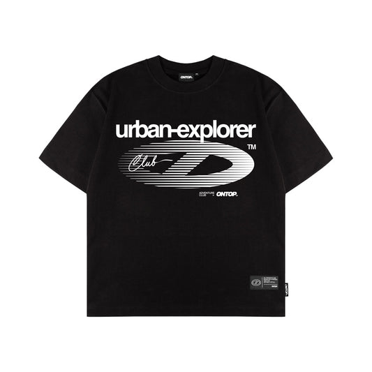 Black t-shirt with 'urban-explorer' text and logo on a white background