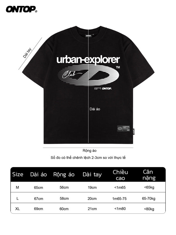 Black t-shirt with 'urban-explorer' design on a white background