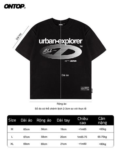 Black t-shirt with 'urban-explorer' design on a white background