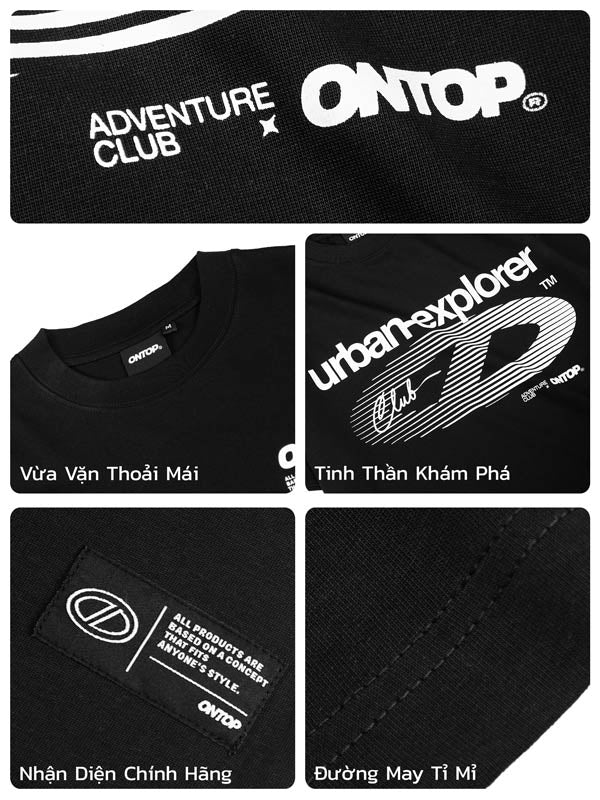 Collage of black clothing with white text and branding, featuring 'ONTOP' and other labels.