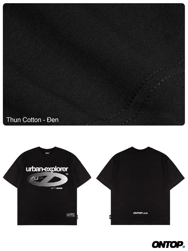 Black t-shirt with 'urban-explorer' design on a textured black background