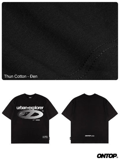 Black t-shirt with 'urban-explorer' design on a textured black background