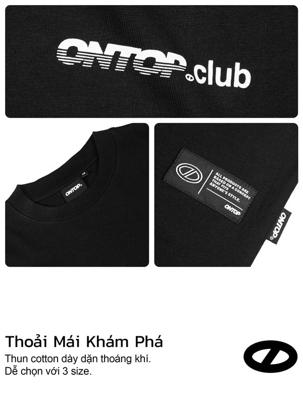 Black t-shirt with 'ONTOP club' branding and tag, featuring the brand logo.