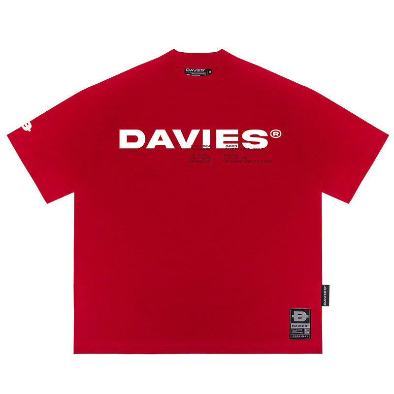 Red t-shirt with 'DAVIES' logo on a white background