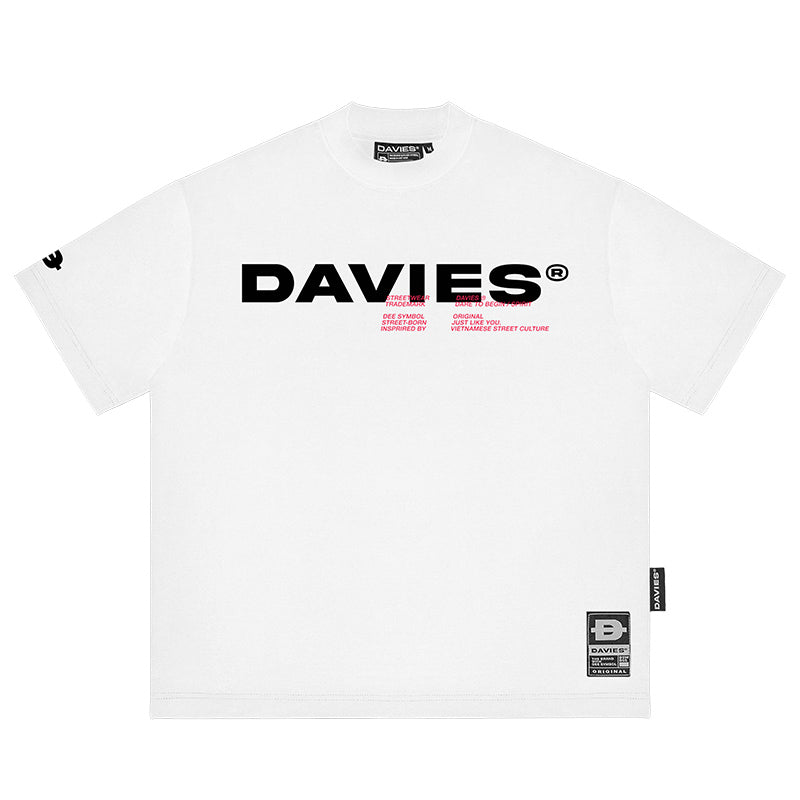 White t-shirt with 'DAVIES' logo and text on a white background