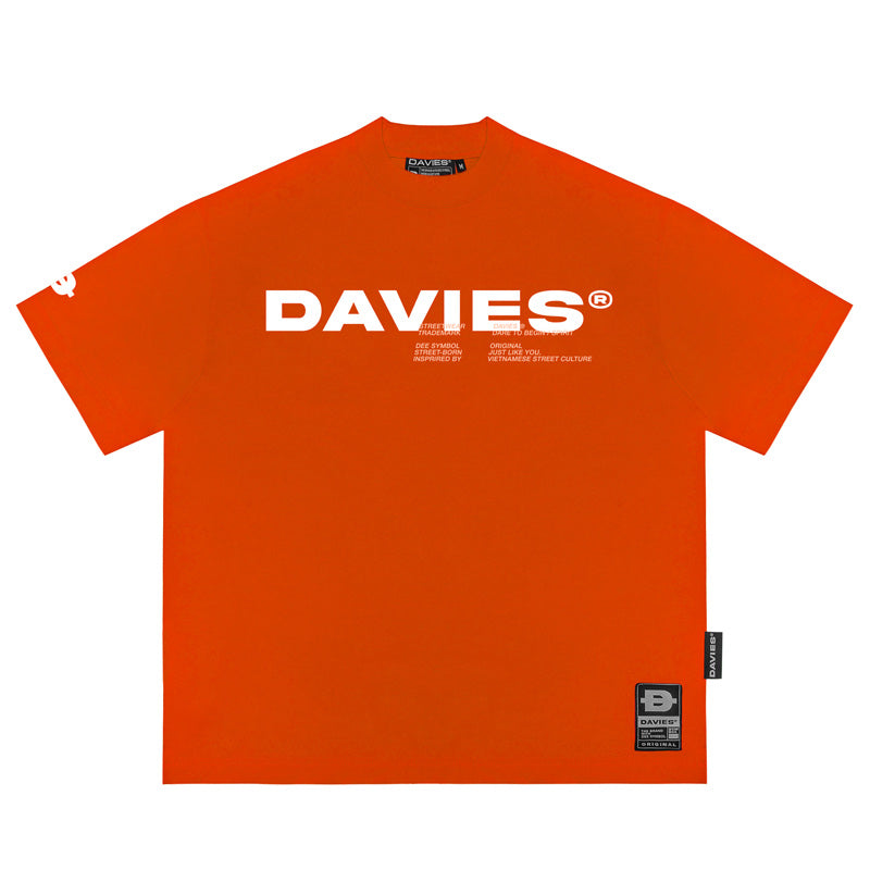 Orange t-shirt with 'DAVIES' logo on a white background