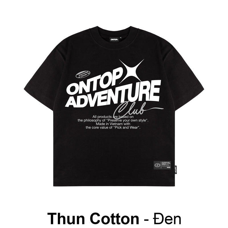 Black t-shirt with white text and branding on a white background