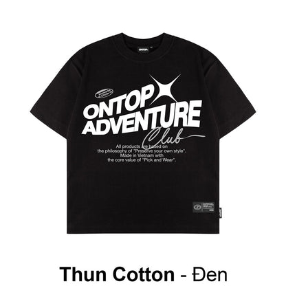 Black t-shirt with white text and branding on a white background