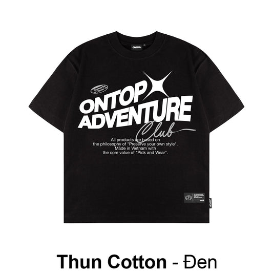 Black t-shirt with white text and branding on a white background