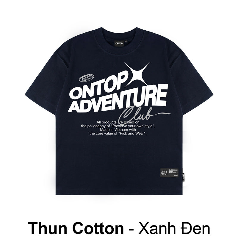 Black t-shirt with 'ONTOP ADVENTURE Club' text on a white background