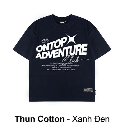 Black t-shirt with 'ONTOP ADVENTURE Club' text on a white background