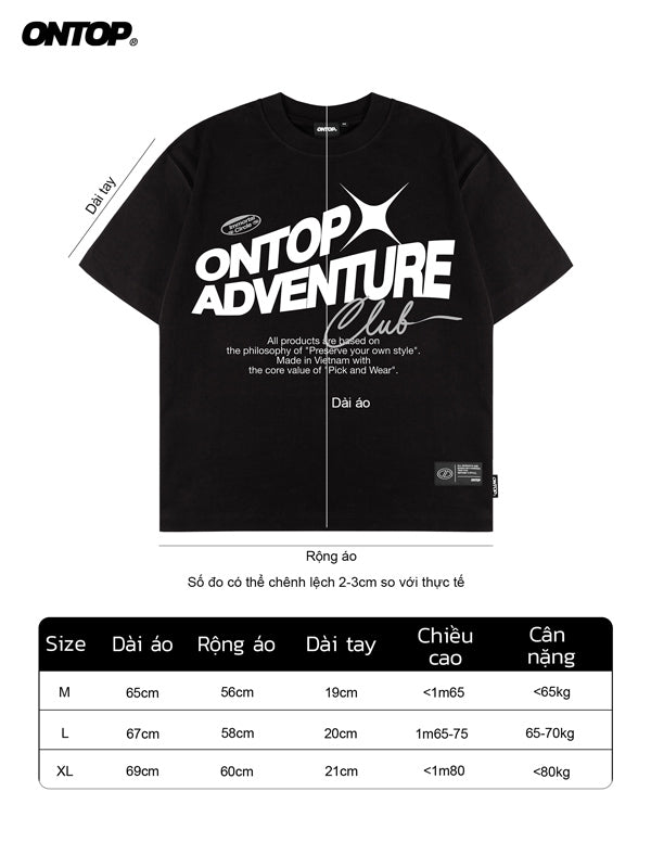 Black t-shirt with 'ONTOP Adventure Club' text on a white background