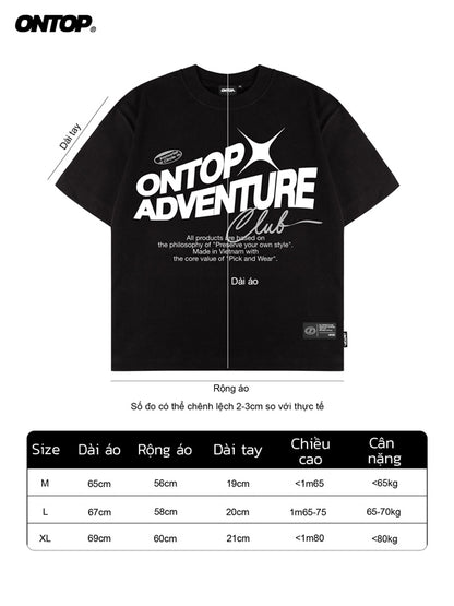 Black t-shirt with 'ONTOP Adventure Club' text on a white background