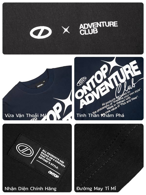 Collage of 'ONTOP Adventure Club' branded items including a t-shirt and labels.