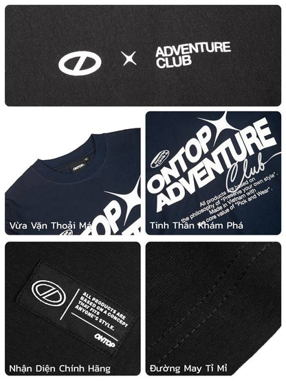 Collage of 'ONTOP Adventure Club' branded items including a t-shirt and labels.