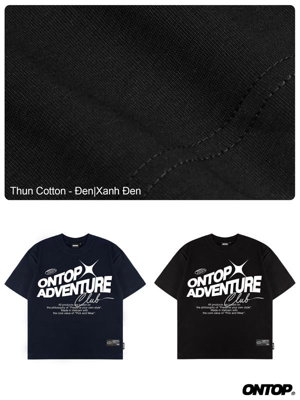 Black t-shirt with 'ONTOP Adventure Club' text on a textured black background
