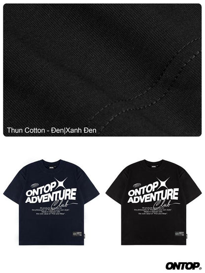 Black t-shirt with 'ONTOP Adventure Club' text on a textured black background