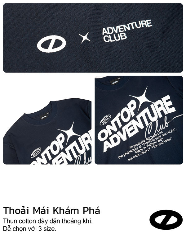 Navy t-shirt with 'ONTOP ADVENTURE Club' text and logo on a white background
