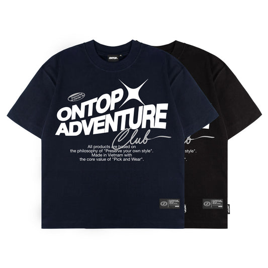 Navy and black t-shirts with 'ONTOP ADVENTURE Club' text on a white background