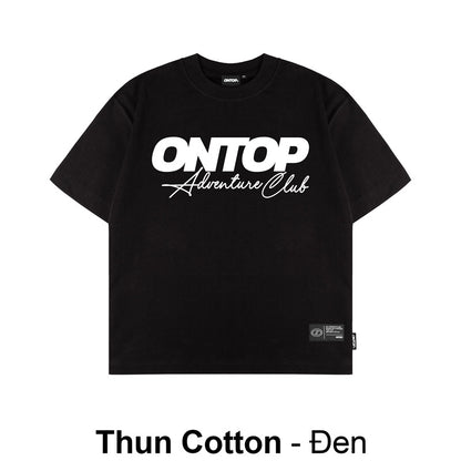 Black t-shirt with 'ONTOP Adventure Club' text on a white background