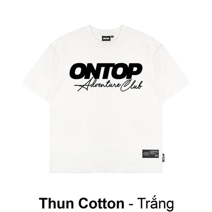 White t-shirt with black text 'ONTOP Adventure Club' on a white background