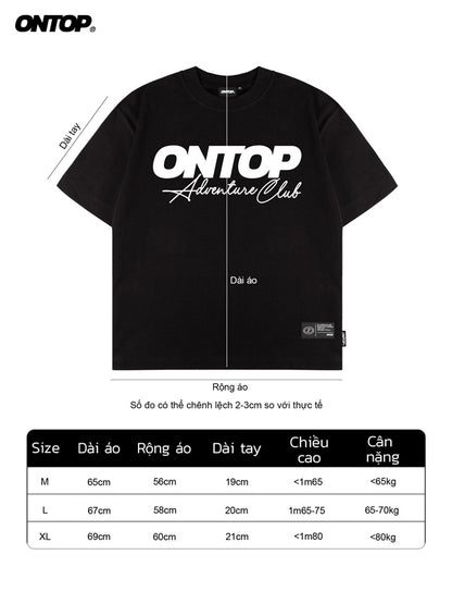 Black t-shirt with 'ONTOP Adventure Club' text and size chart below on a white background