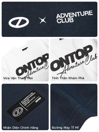 Collage of ONTOP Adventure Club branded items including t-shirts and labels.