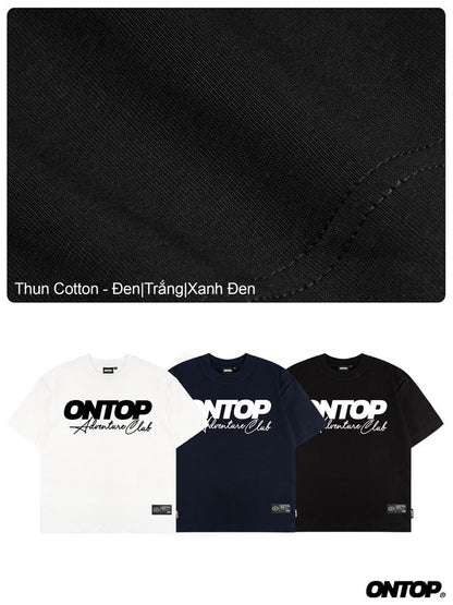 Black fabric swatch with text overlay and three ONTOP t-shirts in white, navy, and black.