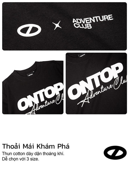 Black t-shirt with 'Adventure Club' and 'ONTOP' branding on a white background.