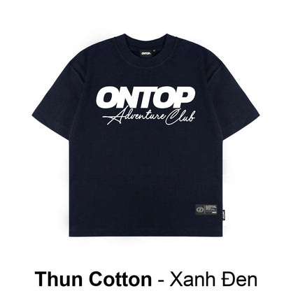 Black t-shirt with 'ONTOP Adventure Club' text on a white background
