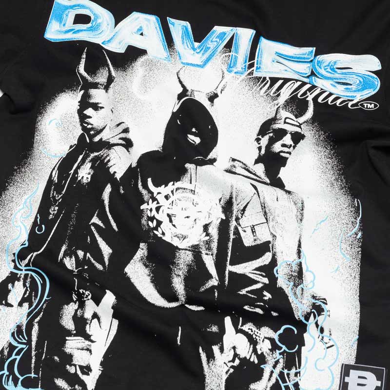 Black t-shirt with graphic design and 'DAVIES' branding