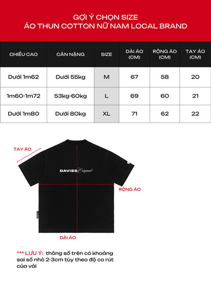 Size chart for a black t-shirt with brand name on a red and black background