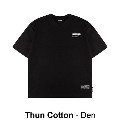 Black t-shirt with a small logo on a white background