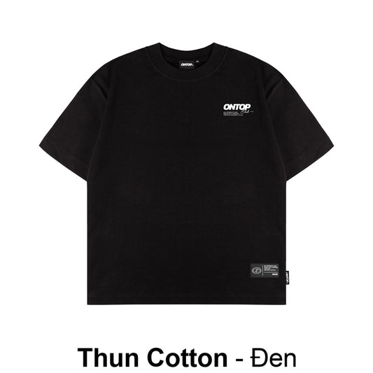 Black t-shirt with a small logo on a white background