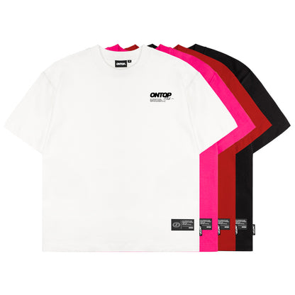 White long-sleeve shirt with pink, red, and black sleeves on a white background