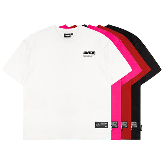 White long-sleeve shirt with pink, red, and black sleeves on a white background