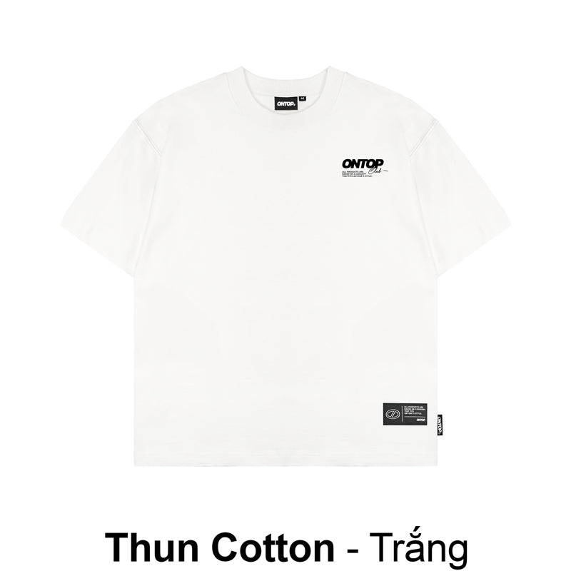 White t-shirt with black text on a white background
