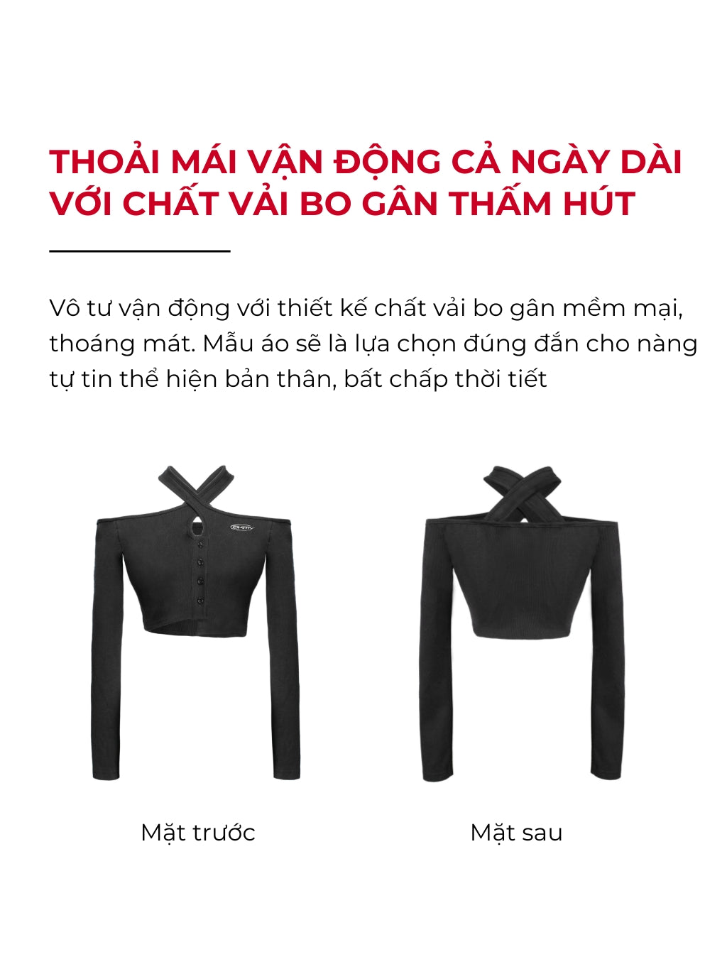 Black long-sleeve crop top with cut-out shoulders on a white background