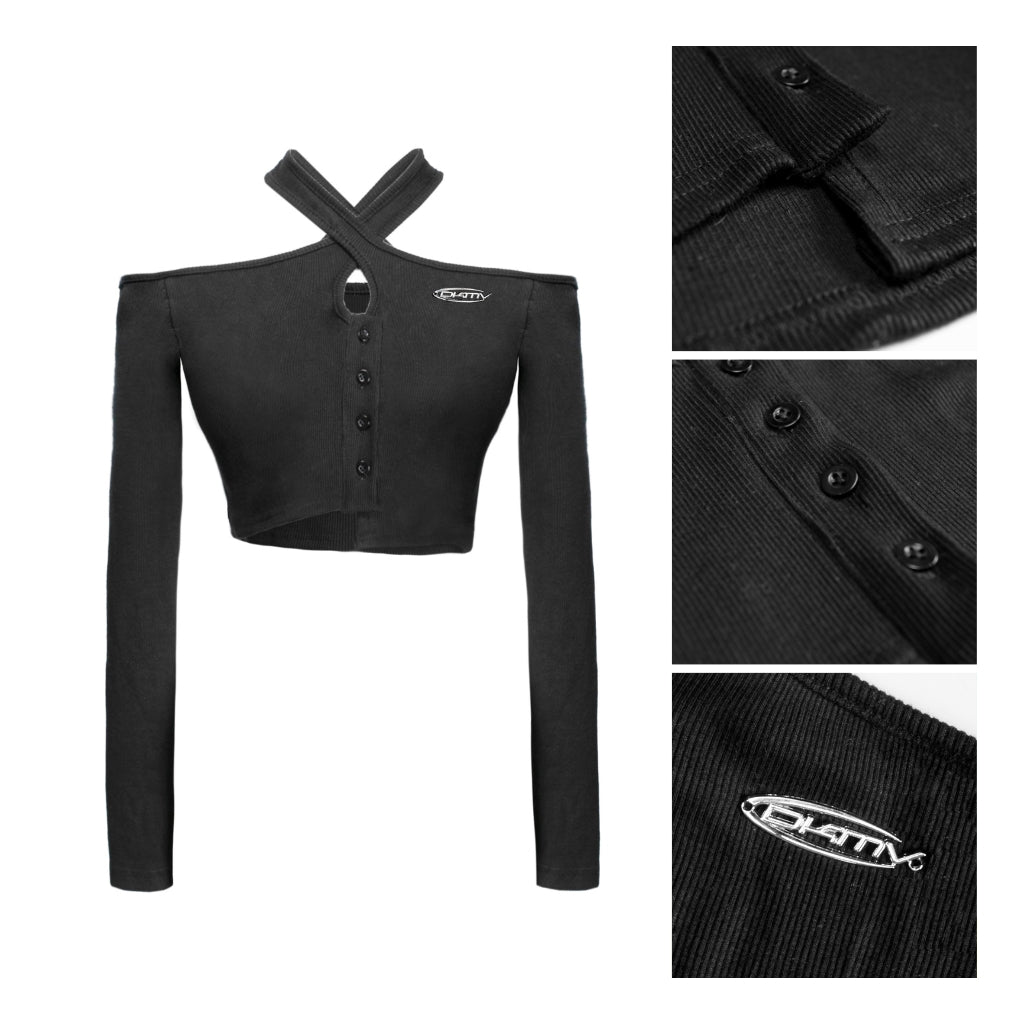 Black long-sleeve crop top with button details and brand logo, shown on a white background.