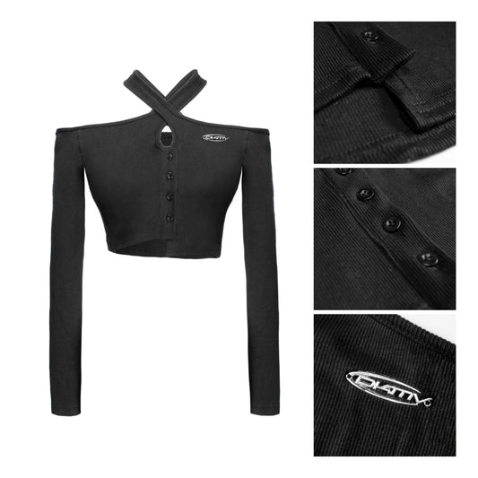 Black long-sleeve crop top with button details and brand logo, shown on a white background.