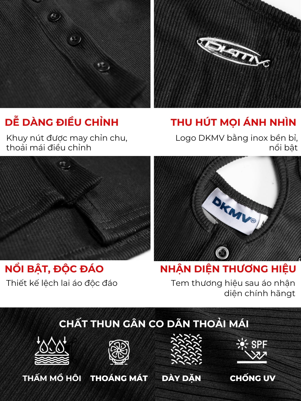 Black shirt with DKMV logo and features, including buttons and branding.