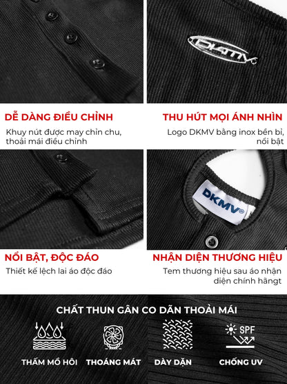 Black shirt with DKMV logo and features, including buttons and branding.