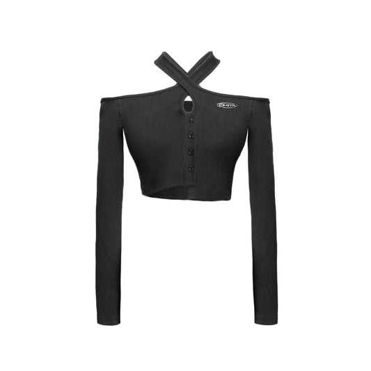 Black long-sleeve crop top with button details on a white background